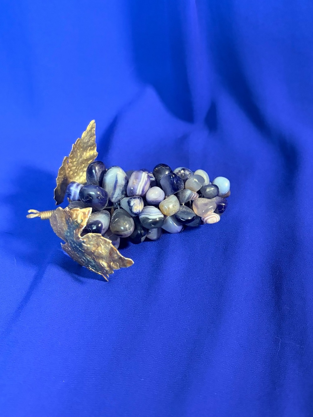 Vintage Blue Banded Agate Stone Grape Cluster Metal Leaf Handmade 4.5" Decor